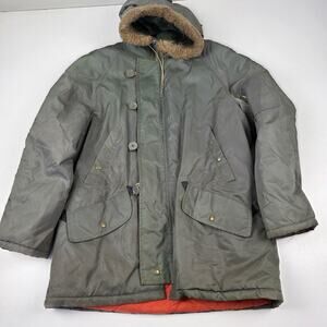 Vintage Kmart Parka Jacket Mens Medium Green Snorkel Hooded Fur Trim Orange 70s